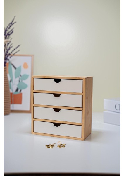 Bej Bambu 4 Çekmeceli Makyaj ve Aksesuar Organizeri