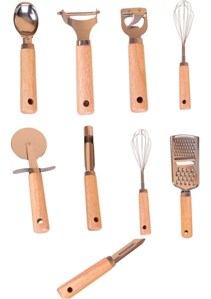 9 Parça Ahşap Saplı Lux Çelik Başlıklı Mutfak Çeyiz Seti - Special Mutfak Ekipman Takımı