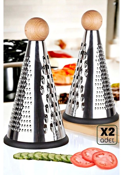 2'li Büyük Boy Bambu Topuz Başlı Çelik Rende 3 Taraflı Kaymaz Tabanlı Sarımsak Peynir El Rendesi