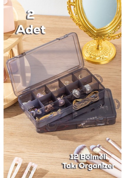 Çok Amaçlı 2'li Bölmeli Kapaklı Takı ve Boncuk Organizer Kutusu Gri