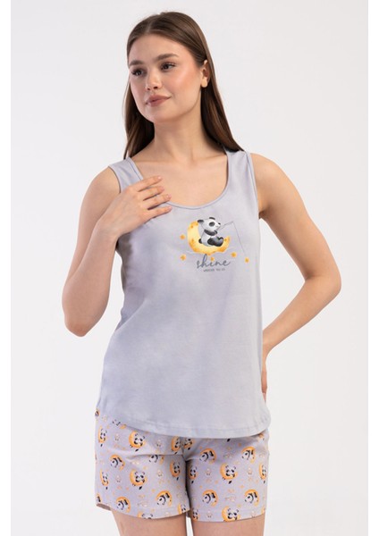 Pamuklu Kadın Genıs Askılı Şortlu Pijama Takım , 410122