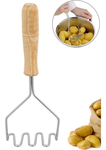 Master Şef Pratik Ahşap Saplı Patates Ezeceği Ahşap Paslanmaz Çelik Patates Ezici Patates Püresi