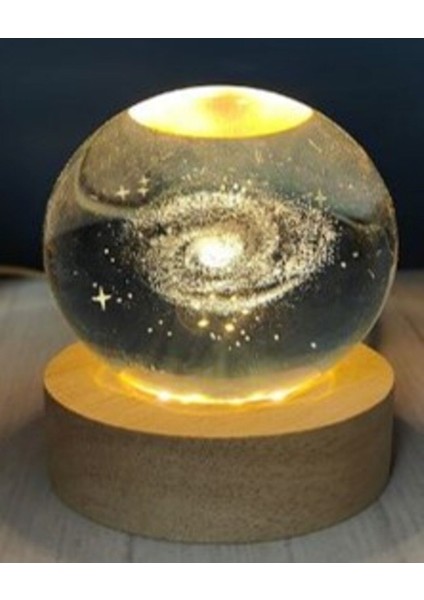 Renkli Samanyolu Tasarımlı Ahşap Alt Işıklı Cam Küre, 6cm Cam, 2cm Ahşap