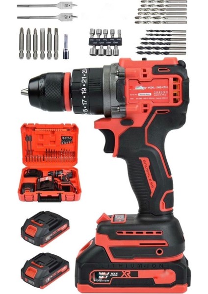 10MM Akülü Vidalama Matkap Seti, 24 Parça, Darbeli, 2800 Rpm Kırmızı