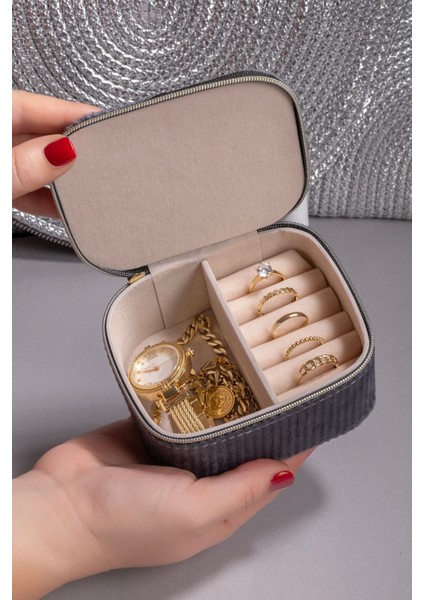 Kadife Çift Bölmeli Takı Kutusu, Siyah, 11,5x9,5x6 cm