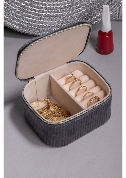 Kadife Çift Bölmeli Takı Kutusu, Siyah, 11,5x9,5x6 cm fırsatları