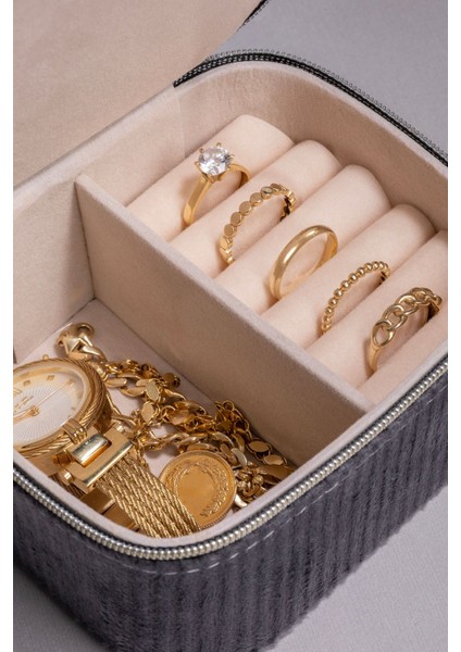 Kadife Çift Bölmeli Takı Kutusu, Siyah, 11,5x9,5x6 cm