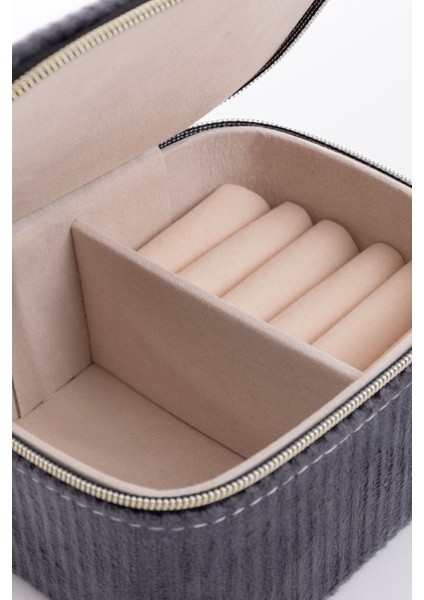 Kadife Çift Bölmeli Takı Kutusu, Siyah, 11,5x9,5x6 cm