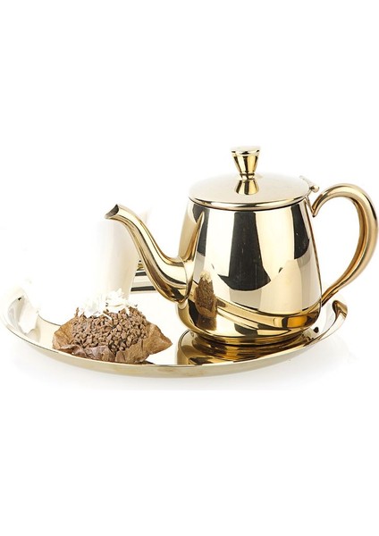 Çelik Kahve Çay Potu ve Tepsisi Altın 550 ml