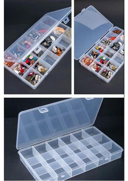 18 Bölmeli Şeffaf Takı ve Dikiş Kutusu Organizer, Pratik ve Şık Depolama Çözümü fırsatları