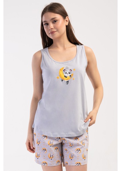 Pamuklu Kadın Büyük Beden Genıs Askılı Şortlu Pijama Takım , 410123