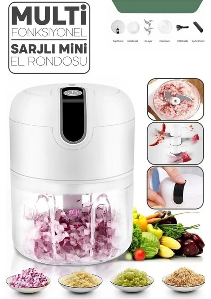Şarjlı Mini El Rondosu Çelik 3 Bıçaklı 250 ml Mutfak Robotu Hazneli Rondo Sebze Et