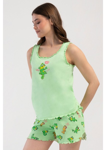 Pamuklu Kadın Genıs Askılı Şortlu Pijama Takım , 408286