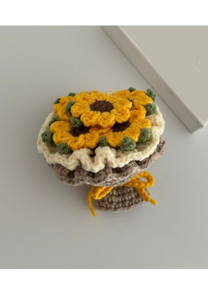 Mini Örgü Çiçek Buketi Anahtarlık Ay Çiçeği Solmayan Hediyelik Çiçek (1 Adet)