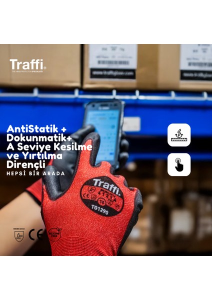 TG1290 Dokunmatik Antistatik A Seviye Kesilme Yırtılma Dirençli Çok Amaçlı İş Eldiveni