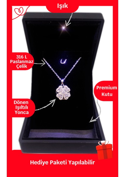 Işıklı Premium Kutuda | Dönen Yonca Gümüş Renk Çelik Kolye | 316L Çelik - Kararmaz | Hediye Paketi