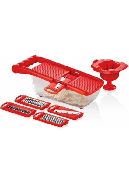 Şarjörlü 5 Bıçaklı Çok Amaçlı Rende Paslanmaz Çelik Pratik Doğrama Kesme Mutfak Rende Seti Kırmızı