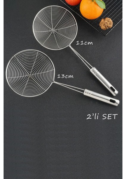 2'li Set Paslanmaz Çelik Kızartma Kevgiri, Yağ Süzgeci, Çelik Tel Kepçe, 13 cm ve 11 cm Çap