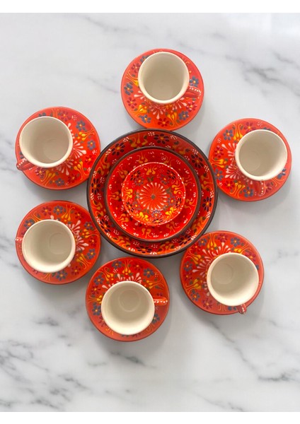 Dekoratif 6 Kişilik Şık Lale Çini Tasarımlı Tamamen El Yapımı Kahve Fincan Seti ve Çerezlik-Sosluk