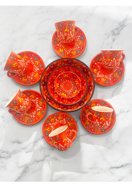 Dekoratif 6 Kişilik Şık Lale Çini Tasarımlı Tamamen El Yapımı Kahve Fincan Seti ve Çerezlik-Sosluk fiyatları