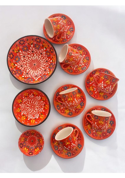 Dekoratif 6 Kişilik Şık Lale Çini Tasarımlı Tamamen El Yapımı Kahve Fincan Seti ve Çerezlik-Sosluk modelleri