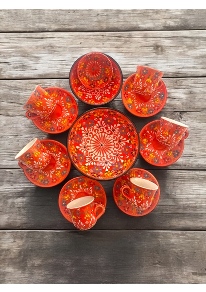 Dekoratif 6 Kişilik Şık Lale Çini Tasarımlı Tamamen El Yapımı Kahve Fincan Seti ve Çerezlik-Sosluk fırsatları