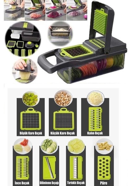 13 Parçalı Sebze Dilimleyici, Kesici ve Soğan Doğrayıcı Seti Çok Fonksiyonlu Hazneli El Rendesi