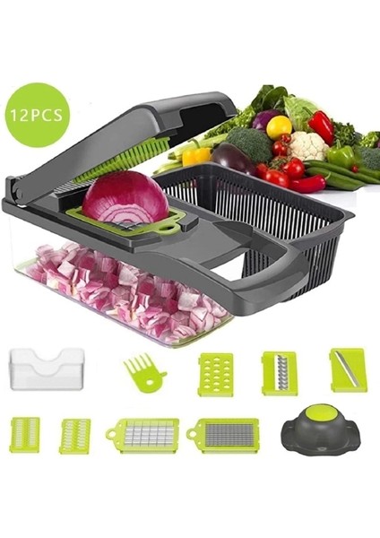 13 Parçalı Sebze Dilimleyici, Kesici ve Soğan Doğrayıcı Seti Çok Fonksiyonlu Hazneli El Rendesi