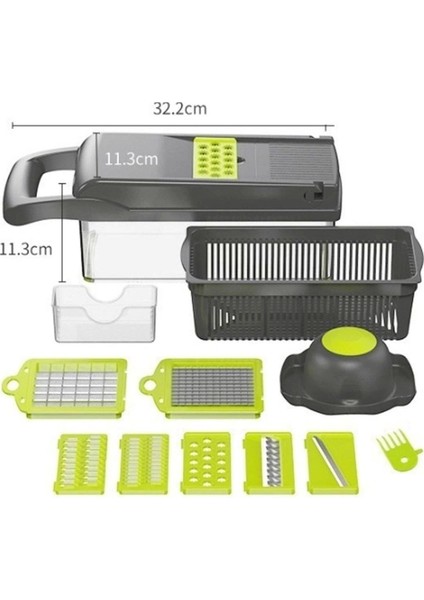 13 Parçalı Sebze Dilimleyici, Kesici ve Soğan Doğrayıcı Seti Çok Fonksiyonlu Hazneli El Rendesi