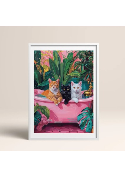 Tekli Ahşap Çerçeveli Tablo Kedi Ailesi Tek Parça Poster Tablo TK/729