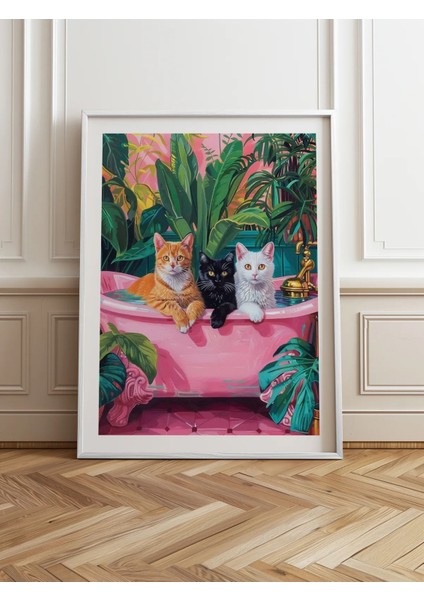 Tekli Ahşap Çerçeveli Tablo Kedi Ailesi Tek Parça Poster Tablo TK/729