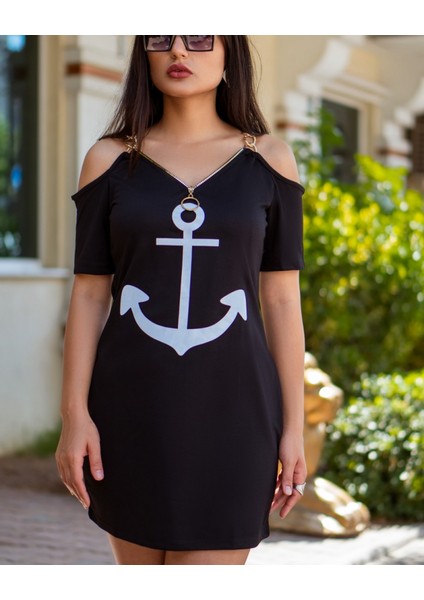 Fermuar Detay Çıpa Baskılı Zincir Askılı Viskon Elbise