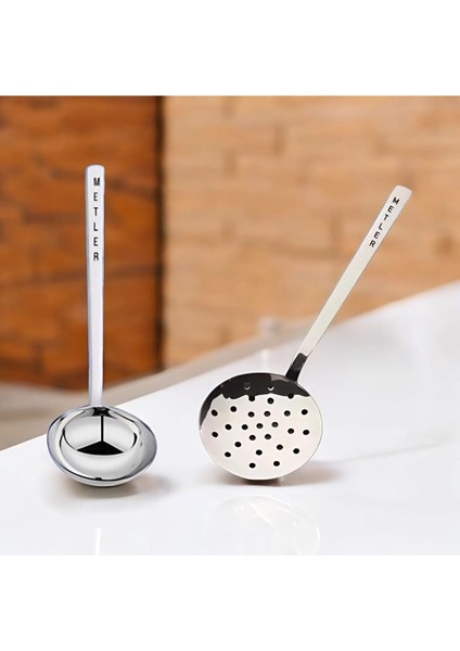 Paslanmaz Çelik Lüx Büyük Kepçe Servis Kevgir Kepçe Delikli Spatula Servis Kepçe 2'li Set 38 cm