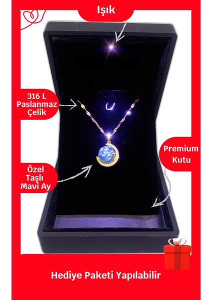 Işıklı Premium Kutuda | Yeni Mavi Gökyüzü Çelik Kolye Gold Renk | 316L Çelik - Kararmaz fiyatları