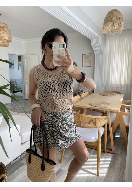 Kadın Askılı Yuvarlak Yaka Geometrik Desenli Triko Bluz