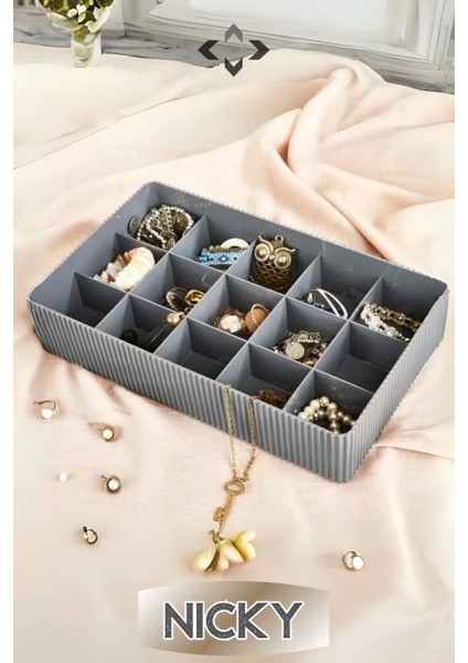 Gri 15 Bölmeli Çekmece Içi Organizer, Çorap ve Takı Düzenleyici