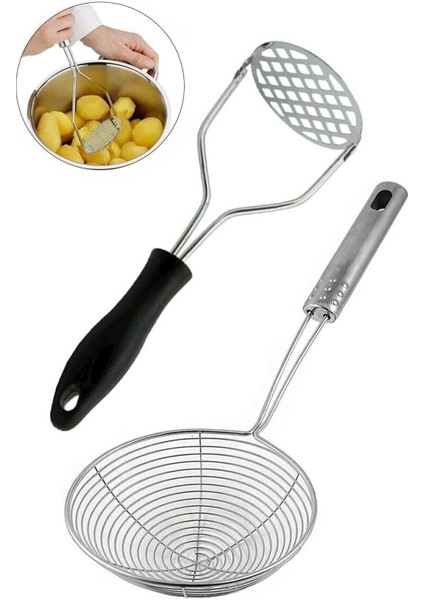 Çelik Patates Ezici + Yağ Kevgiri Süzgeç 12 cm