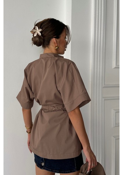 Bel Büzgü Detaylı Poplin Gömlek - Kahverengi fırsatları
