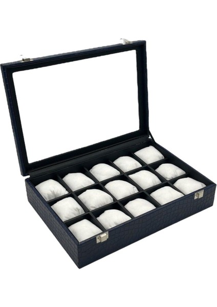 Lacivert Deri Kapaklı Saat Kutusu, 15'li Organizer, Şık ve Kullanışlı Tasarım