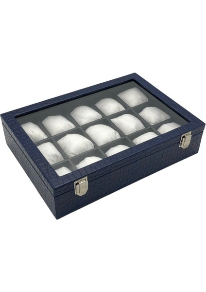 Lacivert Deri Kapaklı Saat Kutusu, 15'li Organizer, Şık ve Kullanışlı Tasarım fiyatları