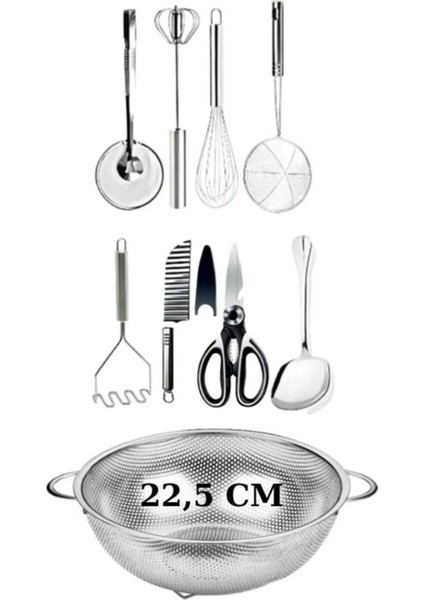 9 Adet Mutfak Gereçleri Seti, 22,5 cm Süzgeç Çırpıcı,mufak Makası,servis Kaşığı,patates Bıçağı