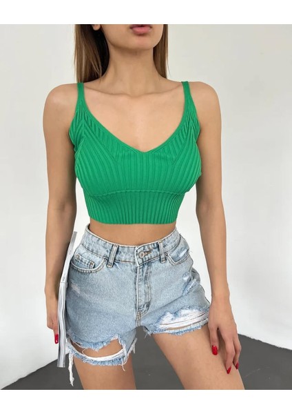 V Yaka Askılı Crop Triko Büstiyer