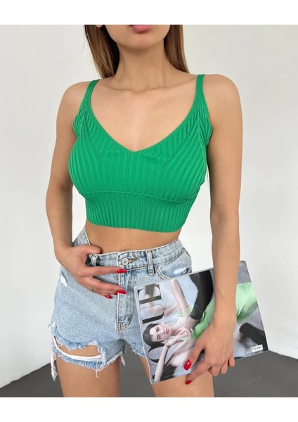 V Yaka Askılı Crop Triko Büstiyer