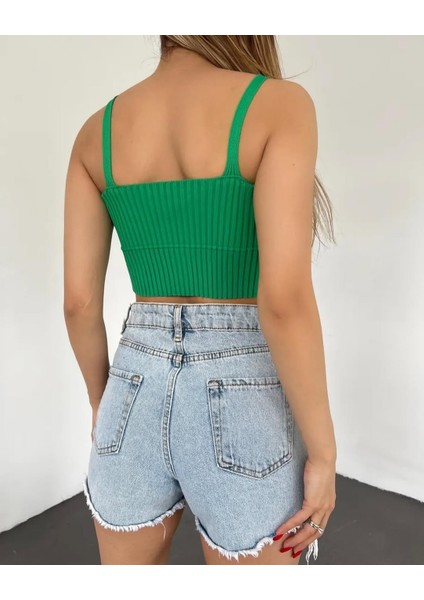 V Yaka Askılı Crop Triko Büstiyer