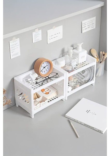 Iki Katlı Çok Amaçlı Düzenleyici Raf Beyaz Mutfak ve Banyo Organizeri