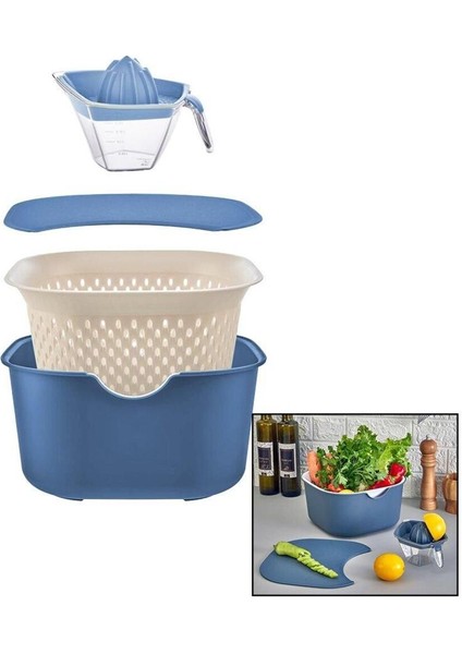 Mavi 5pcs Mutfak Seti Pls.karıştırma Kap=4lt - Süzgeç=3.5lt - Kesim Pano - SIKACAK=0.25LT (4415)