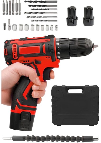 24 Parça Akülü Vidalama Takım Seti, Metal Şanzıman, Şarjlı Matkap