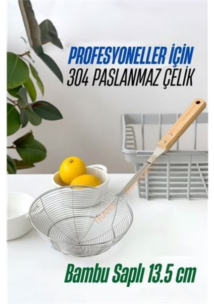 Bambu Saplı Kevgir Süzgeç 304 Paslanmaz Çelik 13.5 cm