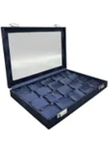 Lacivert Deri Kumaş Bölmeli Cam Kapaklı Kolye Tablası 34X24 cm