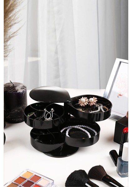 4 Katlı Dönebilen Silindir Takı Organizeri, Yüzük ve Kolye Düzenleyici Siyah